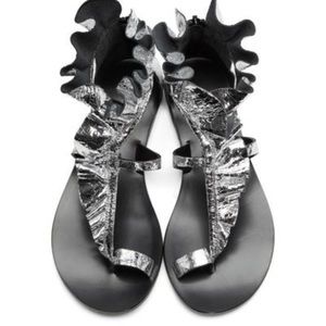 Isabel Marant Womens Metallic Silver Audry Ruffle Sandals 38 8 Heel Zipper Shoes